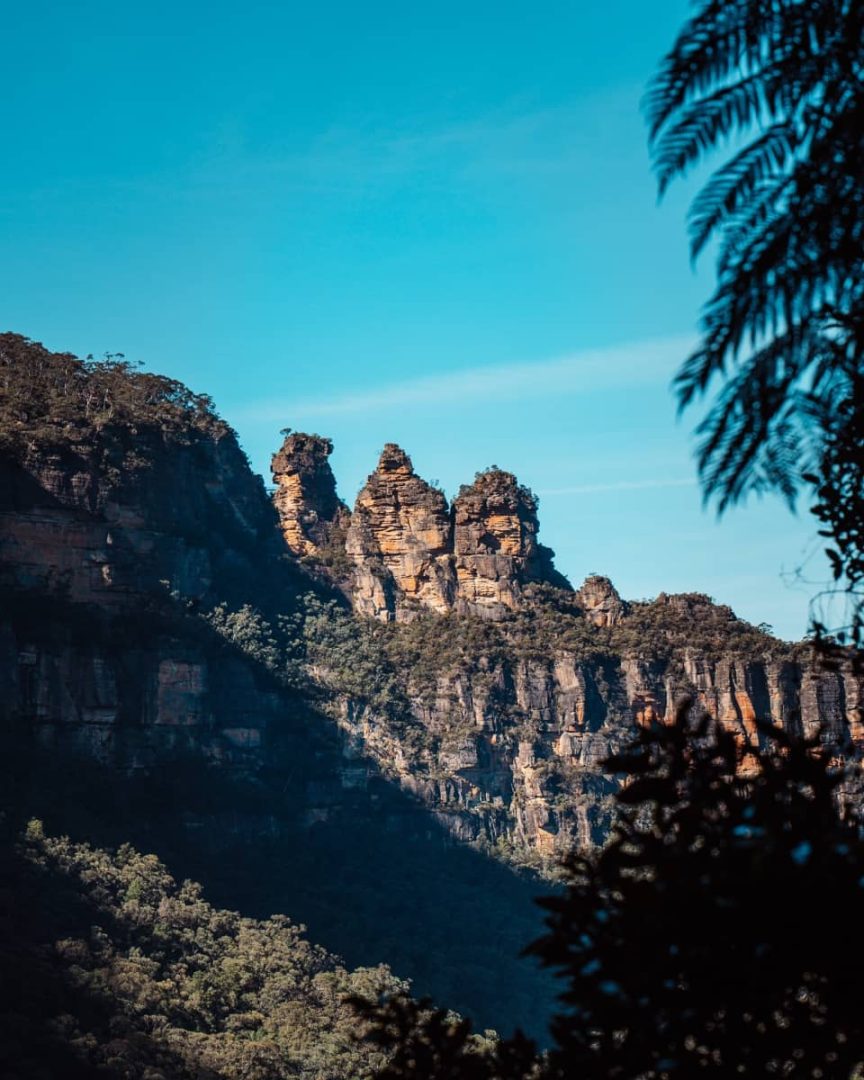 The iconic Three Sisters Blue Mountains rock formation captured with dramatic shadows and sunlight, framed by nearby ferns.
