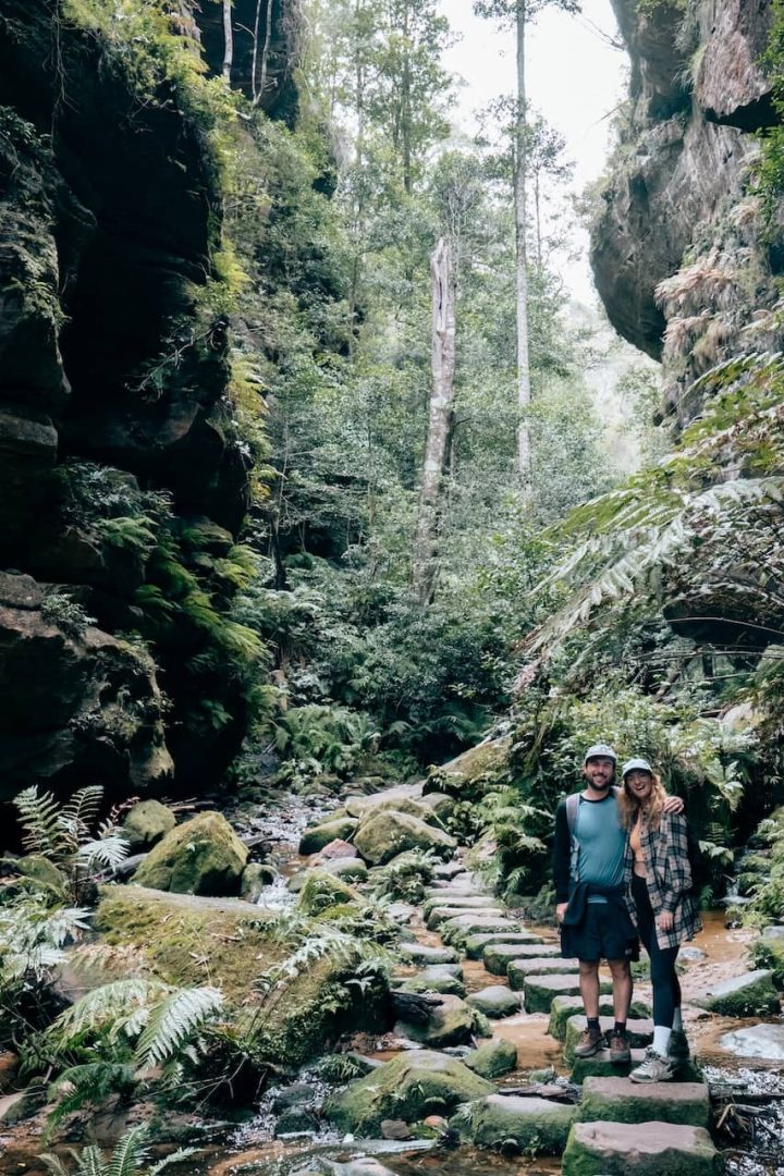Two hikers stand together on stepping stones crossing a shallow creek surrounded by lush greenery along the Grand Canyon Track in Blue Mountains. Ferns and towering cliffs frame the scene.