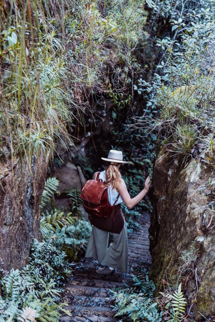 A woman with a red backpack and hat descends narrow stone steps surrounded by lush ferns and cliff walls in the Blue Mountains, on her way to the secret infinity pool