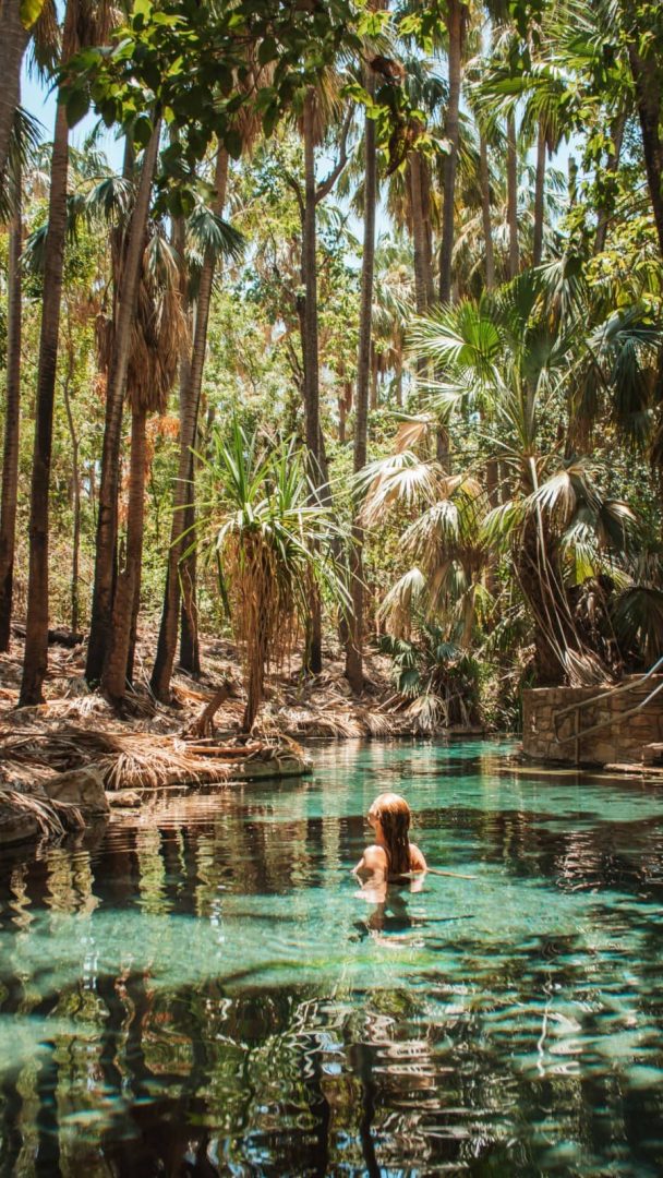 Woman swims in the clear emerald waters of Mataranka Thermal Pool surrounded by tall palms, a refreshing break during a Melbourne to Darwin road trip.