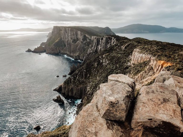 A dramatic cliffside view along the Tasman Peninsula, showing the steep dolerite columns meeting the sea, part of the route walked when doing the Three Capes Track for free.