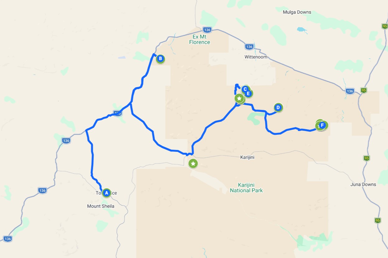 Map screenshot showing a driving route linking several of the best gorges in Karijini including Tom Price, Dales Gorge, Hancock Gorge, Weano Gorge, Joffre Gorge, and Hamersley Gorge. Blue navigation lines connect labeled stops across Karijini National Park in Western Australia highlighting the route between these popular gorge locations.