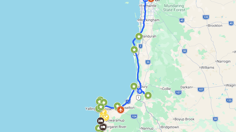 Perth to Margaret River Road Trip map in Western Australia. With detailed points on a google map.
