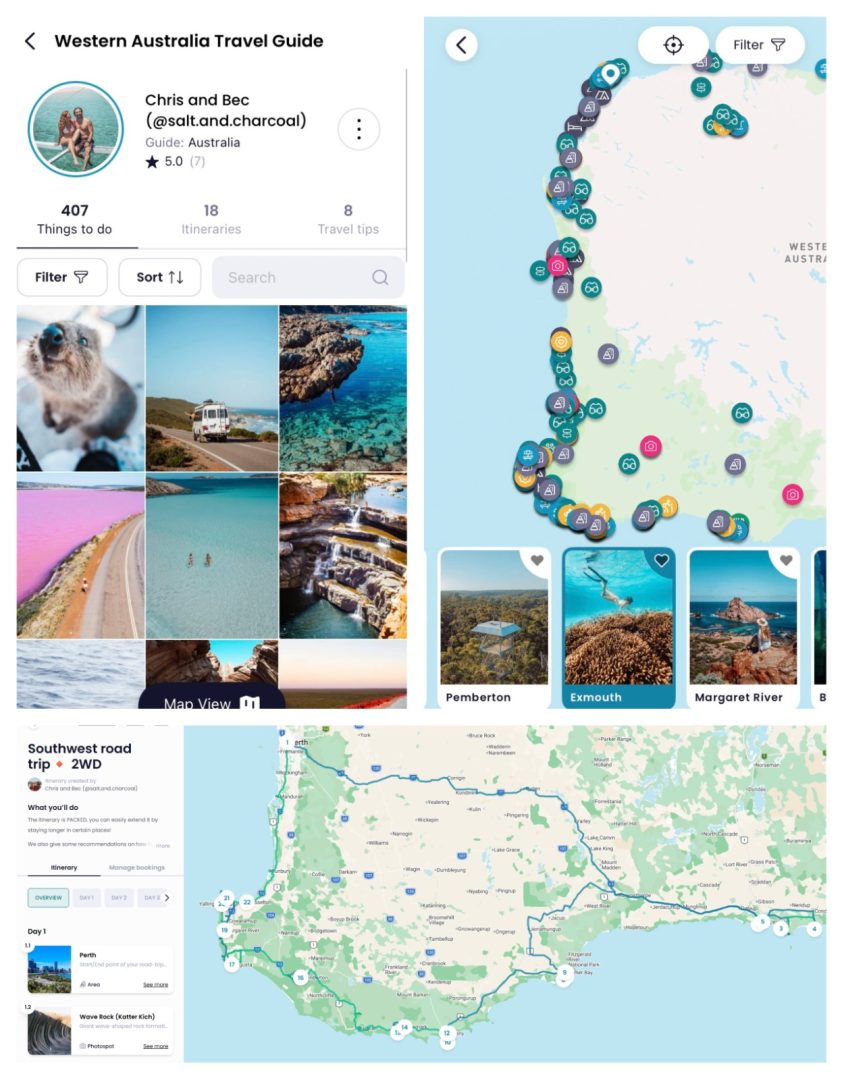 Split layout showing a Western Australia travel guide app with mobile screens on top and a desktop itinerary map below. The mobile view highlights a profile labeled "Western Australia Travel Guide" with trip photos and a map dotted with saved locations, while the desktop view displays a detailed road trip route across the southwest region with numbered stops and an itinerary sidebar.