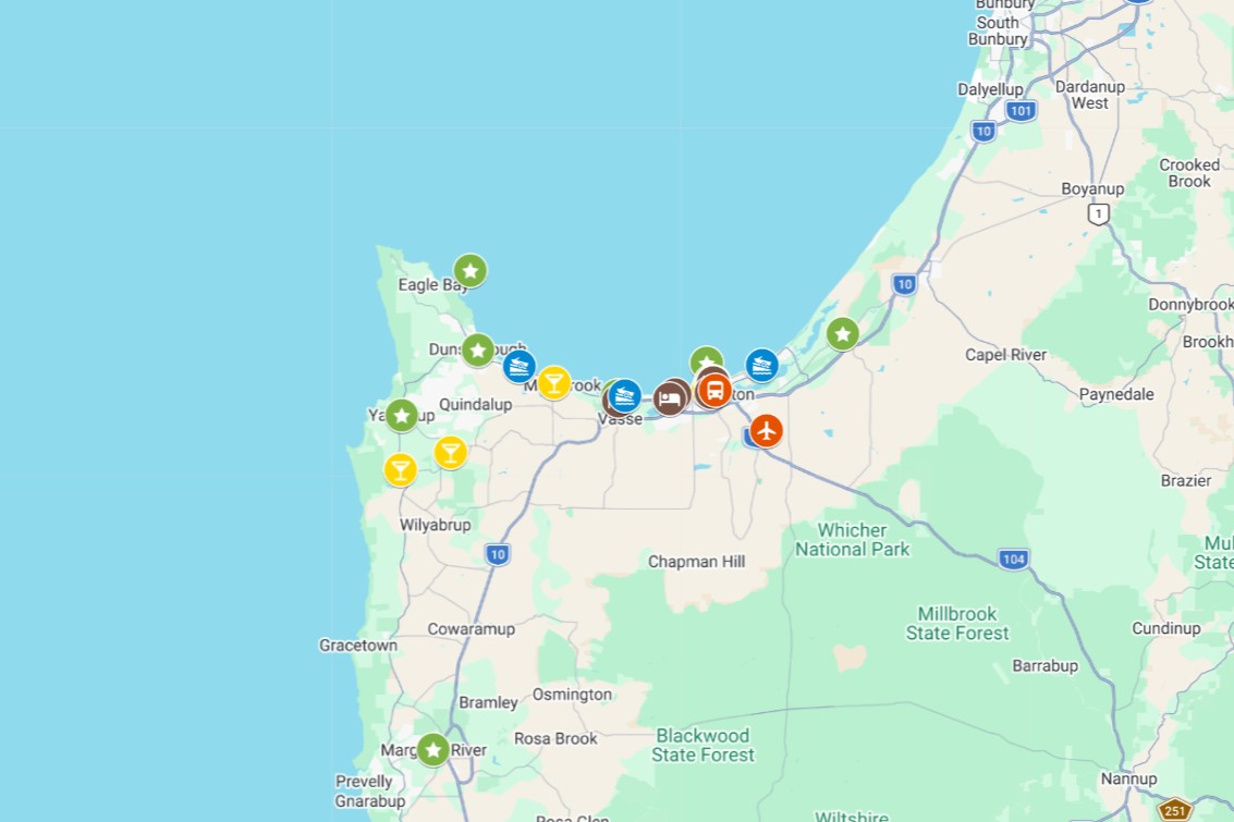 Screenshot of a map with coloured pins showing all the different things to do in Busselton, WA