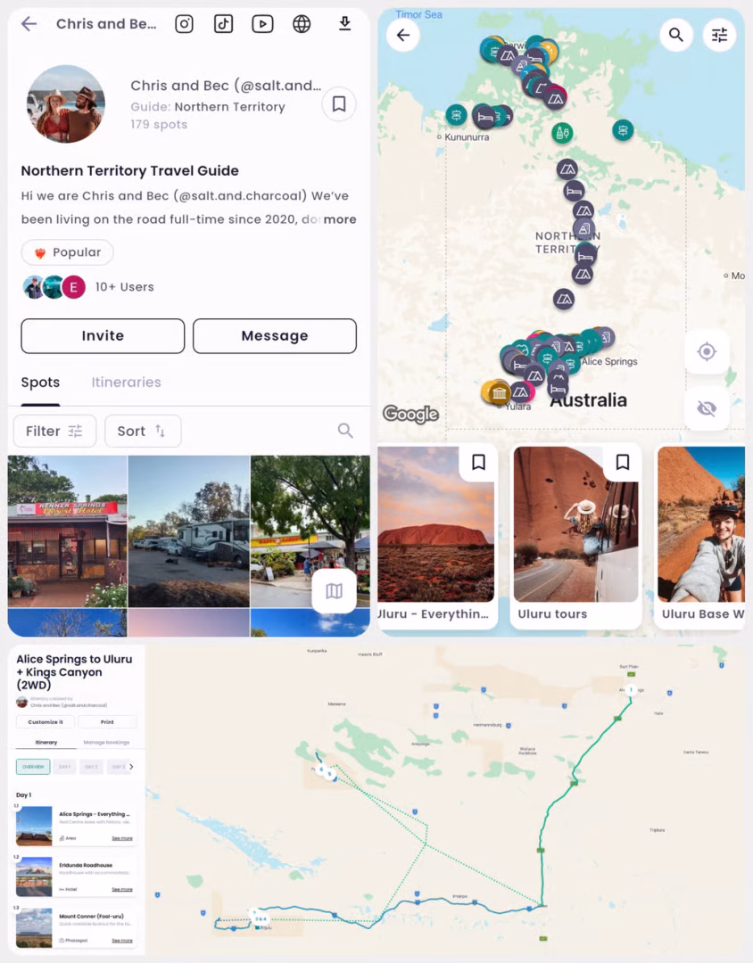 Screenshots of Northern territory guide. The top left corner shows the basic information of the guide and locations included. The top right screenshot shows a map of the Northern Territory with all the pins of activities, campsites, food sites, etc included in the guide. The bottom screenshot is a horizontal view of one of the many done-for-you itineraries included in the Northern Territory guide. 
