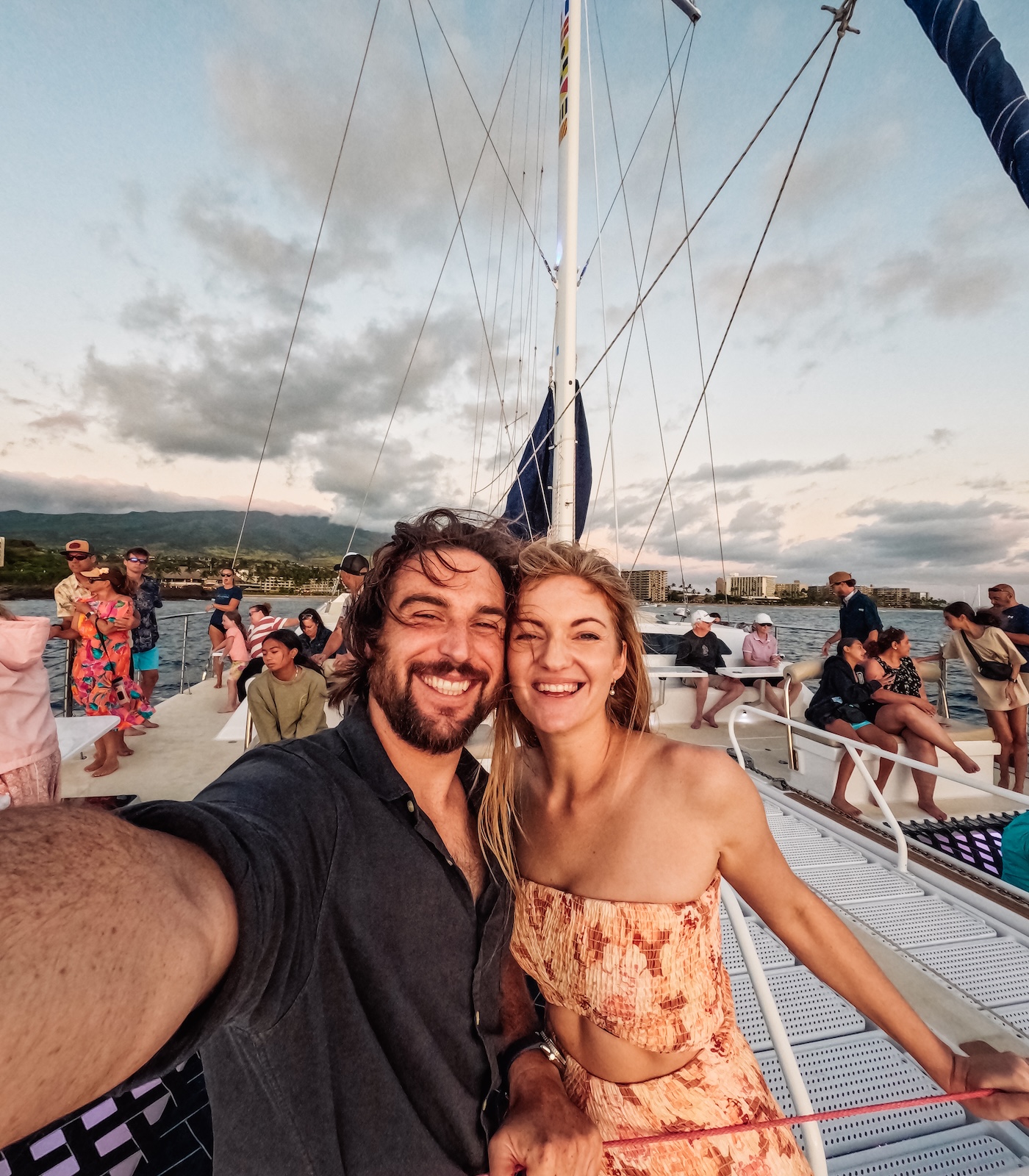 Chris and Bec on a sunset catamaran