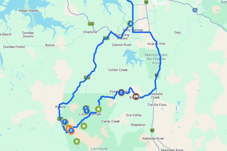 Screenshot of a map with coloured pins and a route showing all the different things to do on a road trip from darwin to litchfield, in the northern territory
