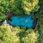 Aerial view of a person floating in the bright turquoise waters of the secluded Katherine Hot Springs, encircled by lush greenery, a tropical highlight of a road trip to Katherine.