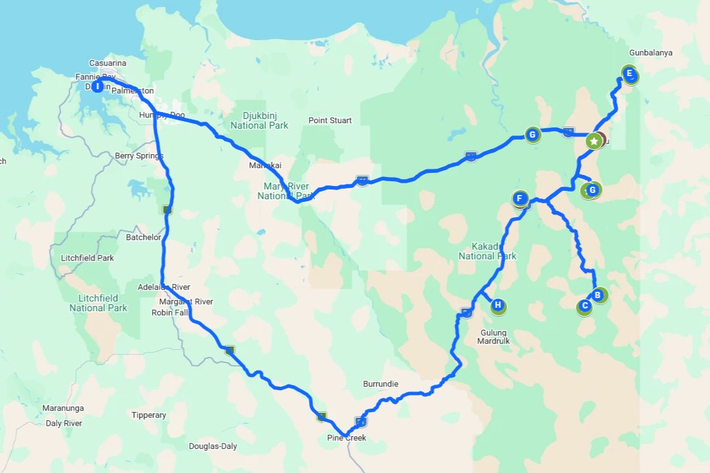 Screenshot of a map with coloured pins and a route showing all the different things to do on a road trip from darwin to kakadu, in the northern territory