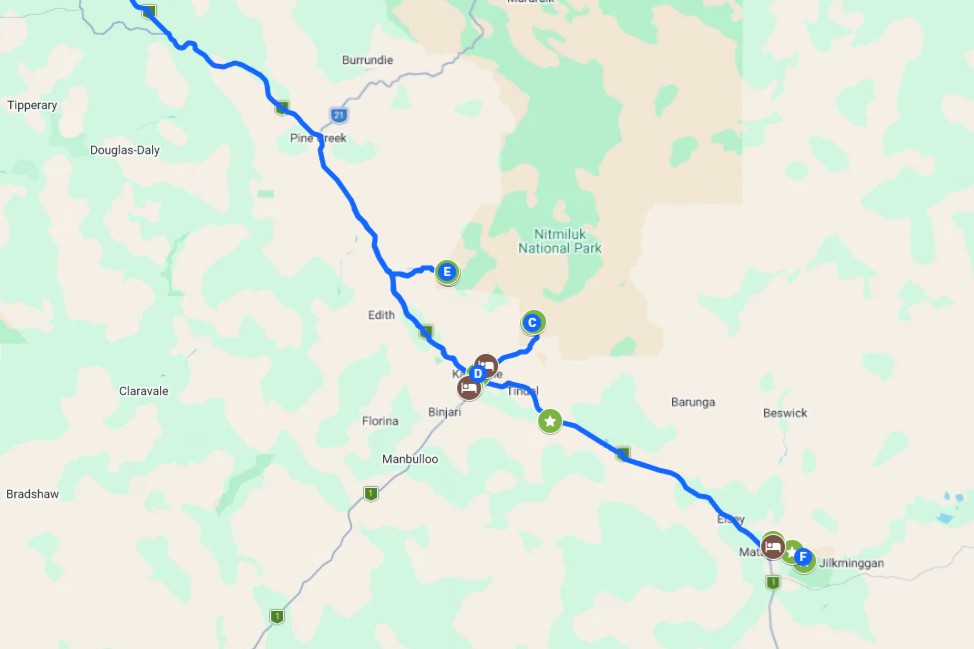 Screenshot of a map with coloured pins and a route showing all the different things to do on a road trip from darwin to katherine, katherine hot springs, and nitmiluk national park, in the northern territory