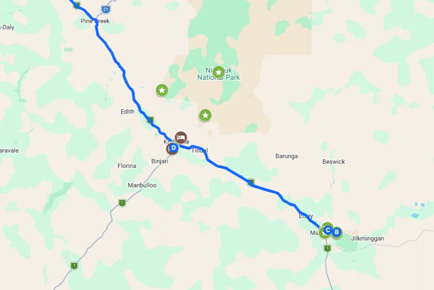 Screenshot of a map with coloured pins and a route showing all the different things to do on a road trip from darwin to the top end hot springs mataranka hot springs, bitter springs, and katherine hot springs, in the northern territory
