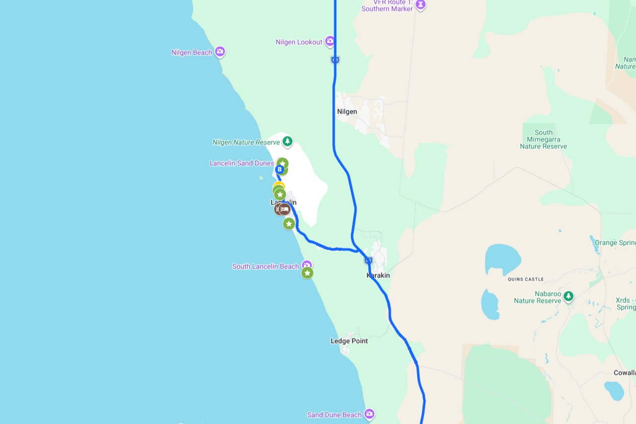 Screenshot of a map with coloured pins and a route showing all the different things to do on a road trip from perth to lancelin, in western australia