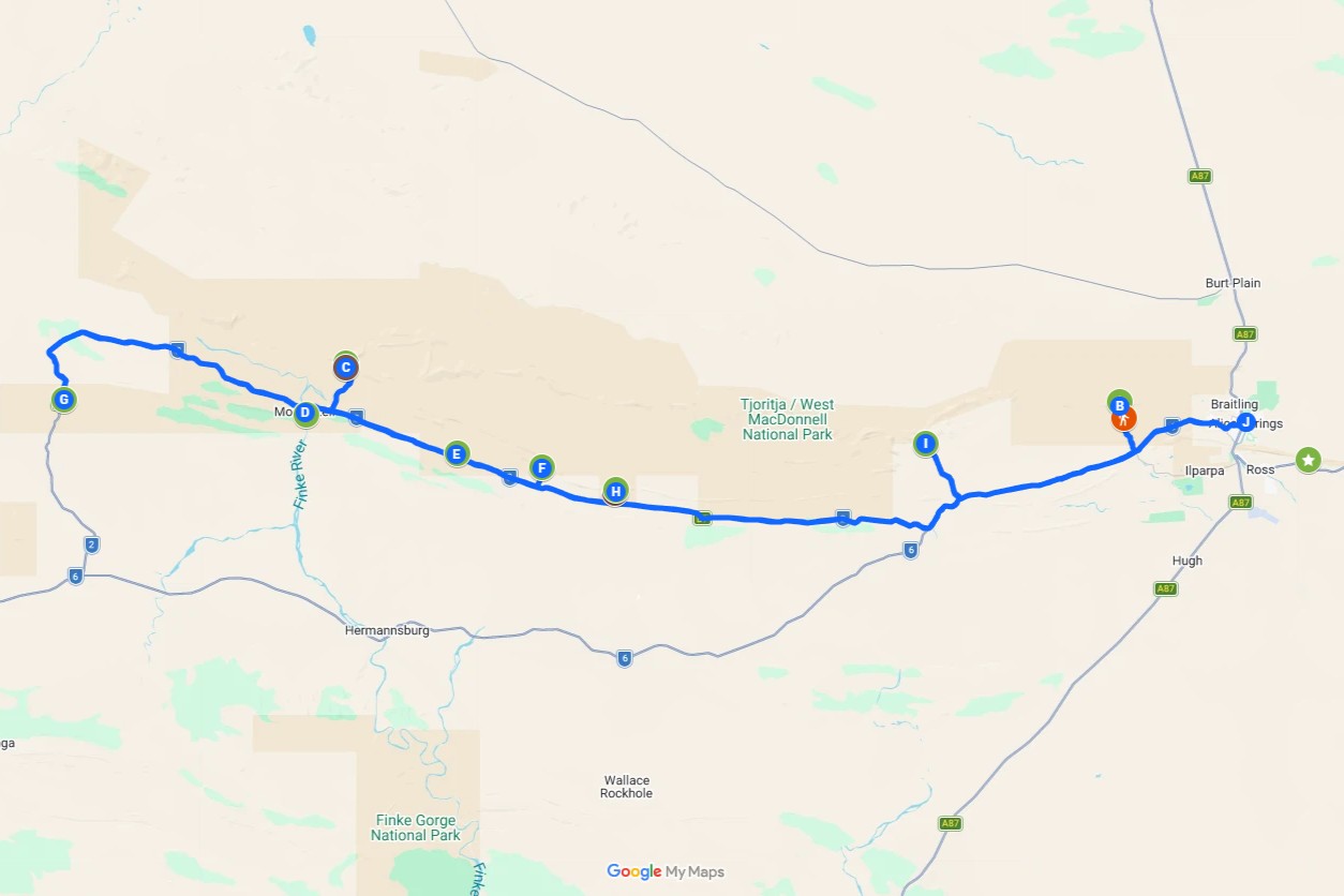 Screenshot of a map with coloured pins and a route showing all the different things to do on a road trip from alice springs to west macdonnell ranges, in the northern territory