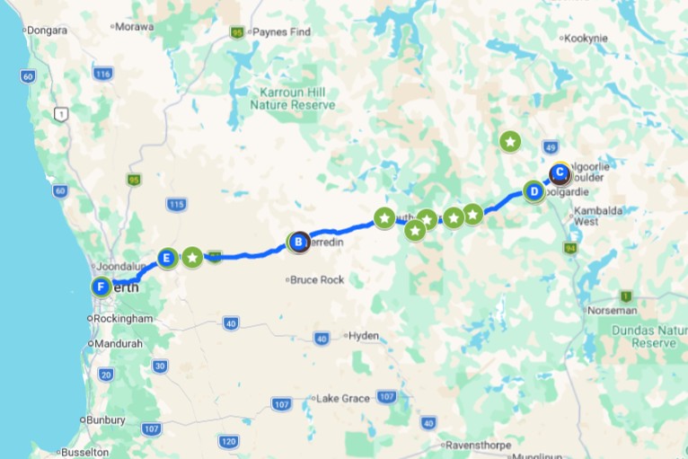 Screenshot of a map with coloured pins and a route showing all the different things to do on a Perth to Kalgoorlie weekend road trip