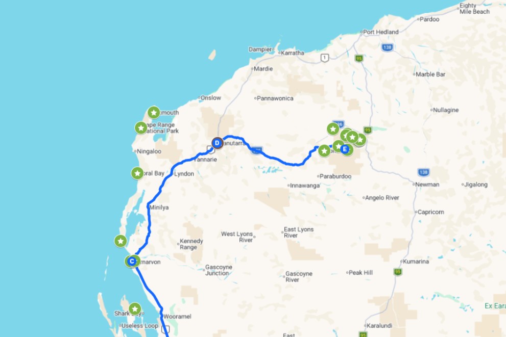 Screenshot of a map with coloured pins and a route showing all the different things to do on a Perth to Karijini road trip