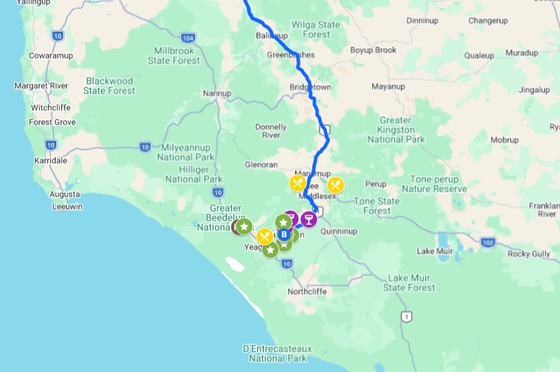 Screenshot of a map with coloured pins and a route showing all the different things to do on a Perth to Pemberton weekend road trip