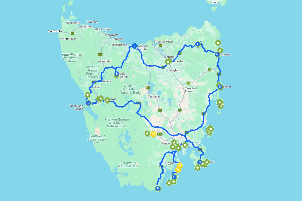 Screenshot of a map with coloured pins and a route showing all the different things to do on a Tasmania road trip from Devonport of 1 month