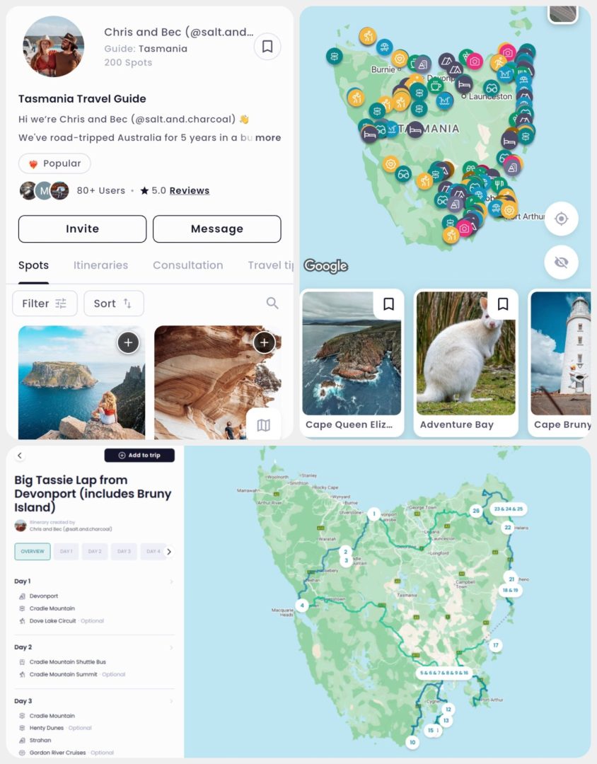 Screenshot collage of a Rexby Tasmania travel guide by Chris and Bec showing a map of Tasmania covered with colorful saved location pins and cards for places including Cape Queen Elizabeth Adventure Bay and Cape Bruny. A second screen shows the itinerary titled "Big Tassie Lap from Devonport includes Bruny Island" with a mapped driving route around Tasmania and stops including Devonport Cradle Mountain Dove Lake Circuit Cradle Mountain Shuttle Bus Cradle Mountain Summit Henty Dunes Strahan and Gordon River Cruises.