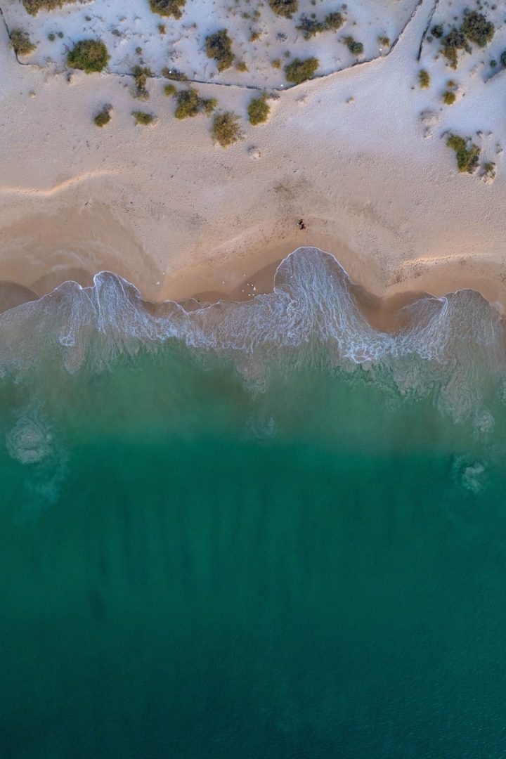 Aerial view looking straight down over Geraldton Beach where turquoise ocean waves meet a wide stretch of pale sand and coastal vegetation. Source. Tourism Western Australia.