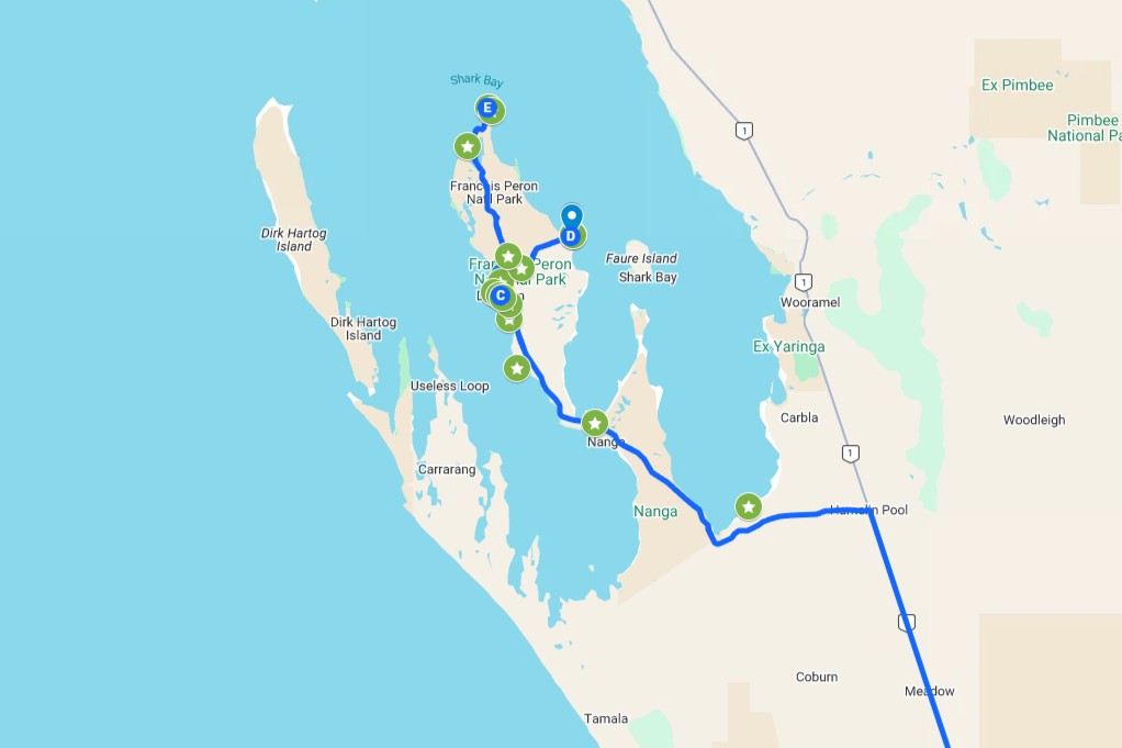 Screenshot of a map with coloured pins and a route showing all the different things to do on a Perth to Monkey Mia and Shark Bay road trip