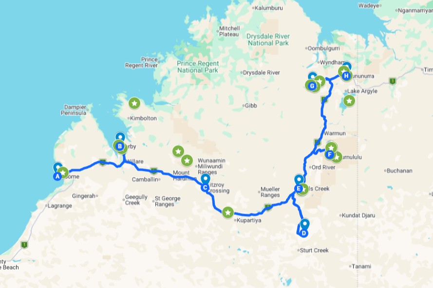 Screenshot of a map with coloured pins and a route showing all the different things to do on a Broome to Kununurra road trip