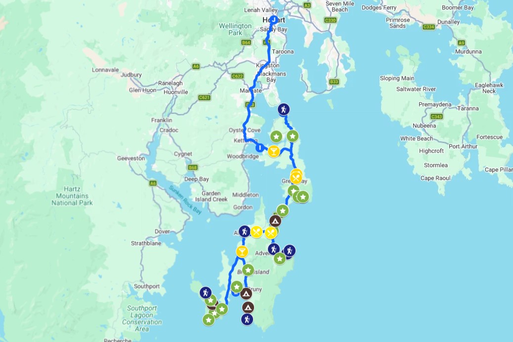 Screenshot of a map with coloured pins and a route showing all the different things to do on a Bruny Island 5-Day itinerary