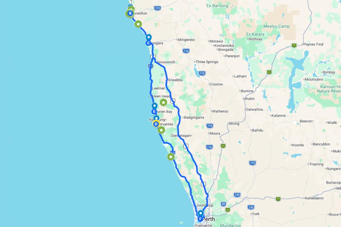 Screenshot of a map with coloured pins and a route showing all the different things to do on a Perth to Geraldton weekend road trip