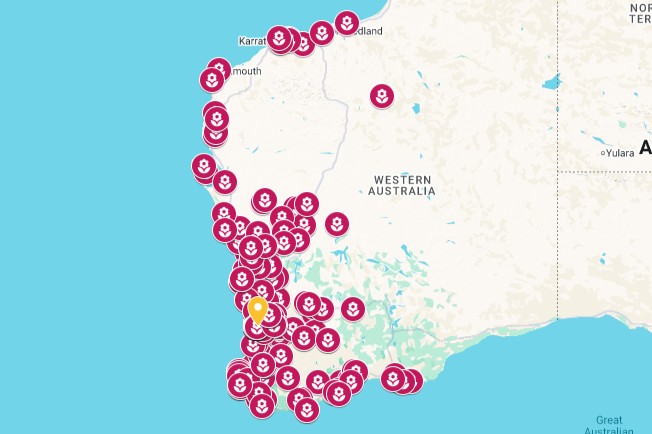 Screenshot of a map with coloured pins showing all the wildflower hotspots in western australia