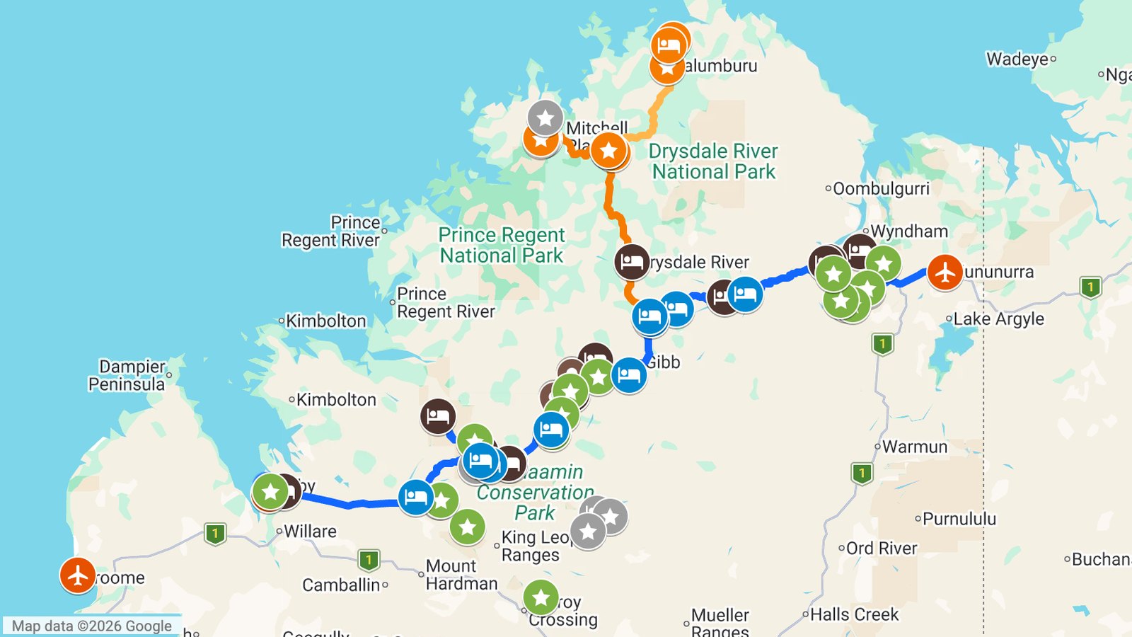 Map of the Gibb River Road from Derby to Kununurra showing station stays, gorges, informal camps and the Mitchell Falls 4WD detour