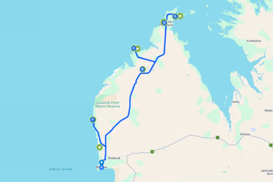 Screenshot of a map with coloured pins and a route showing all the different things to do on a Broome to Dampier Peninsula road trip