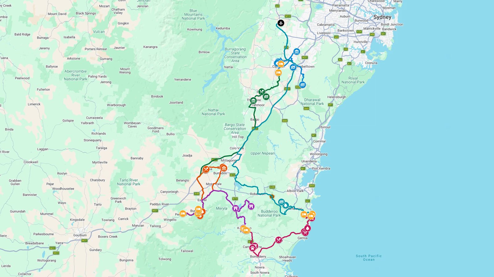Screenshot of a map with coloured pins and a route showing all the different things to do on a Southern Highlands road trip from Western Sydney Airport